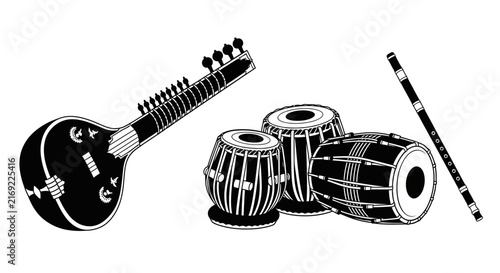 Traditional indian musical instruments on white background with sitar tabla drums drums flute black
