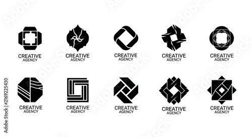 Collection of abstract black geometric logo templates for creative agency branding design with displays collection illustration composition with monochrome