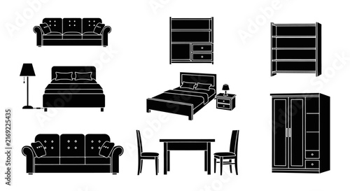 Black and white furniture icons set with sofas beds with collection black white background silhouette wardrobe interior cabinet design with table