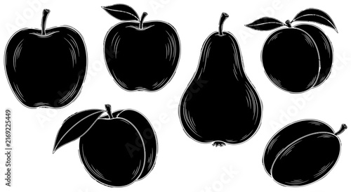 Black and white illustration of various fruits with silhouette nutrition drawing healthy graphic design symbol apple pear food icon