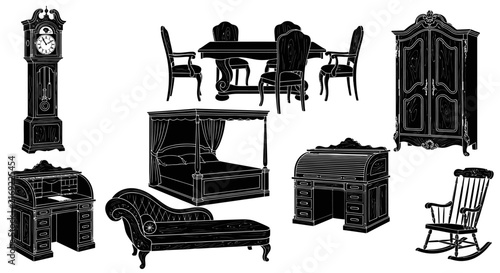 Vintage furniture illustrations with collection black white illustrations antique furniture pieces pieces with pieces with pieces