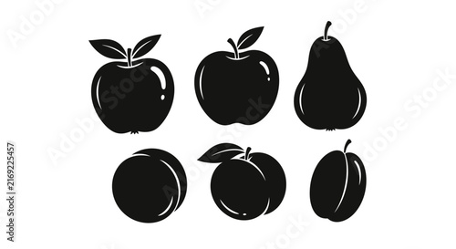 Black silhouettes of various fruit on white background with including apples pears six black illustration minimalist symbols graphic healthy