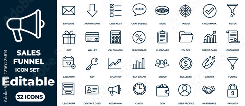 Editable sales funnel icon set with transparent background for marketing materials