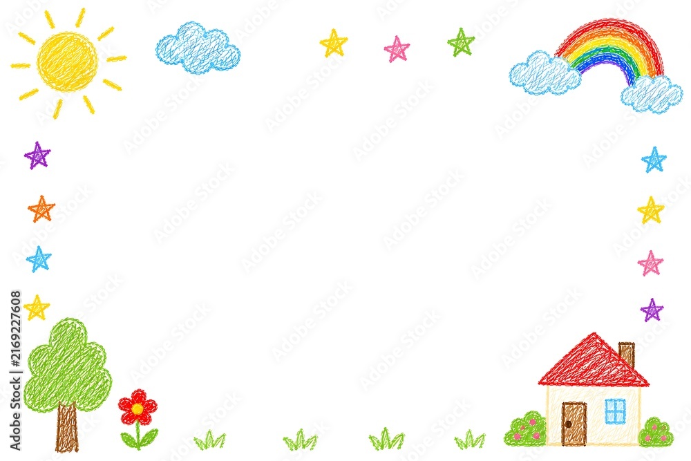 Fototapeta premium Childlike Crayon Drawing Background with Rainbow, Sun and House on White Background