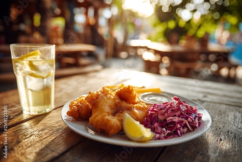Delicious fish and chips with coleslaw and refreshing lemonade on a wooden table in a restaurant.