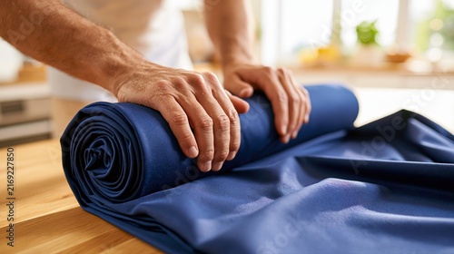 Person rolling blue fabric on table