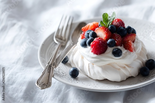 Delicate Pavlova Dessert Topped with Fresh Berries on a White Plate