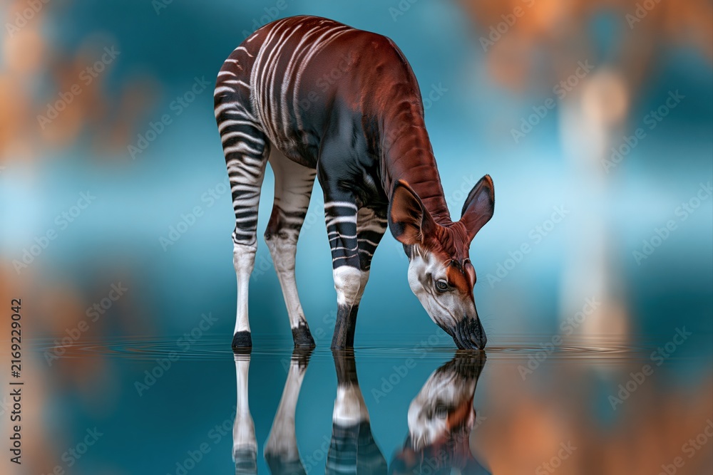 Naklejka premium Okapi drinking water in reflection