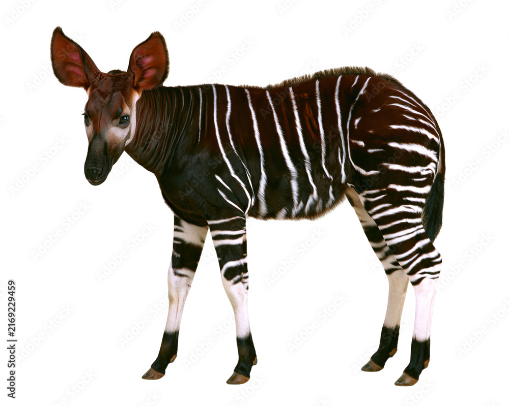 Naklejka premium Okapi standing on solid white background isolated animal photography