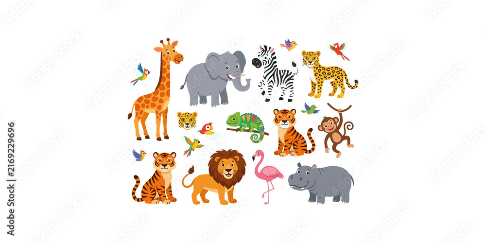 Fototapeta premium Wild zoo animal collection with cute giraffe elephant lion tiger monkey and exotic birds for children education design.