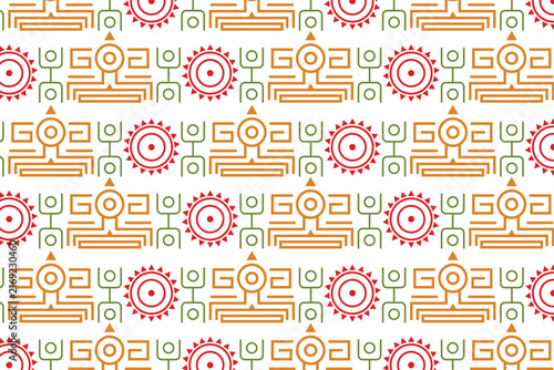 Illustration seamless geometric pattern featuring ethnic Aztec, Mayan, or tribal-inspired motifs in red, orange, and green on a white background.