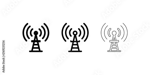 Cuadro en lienzo Wireless network signal transmitter tower icons black and line art sets
