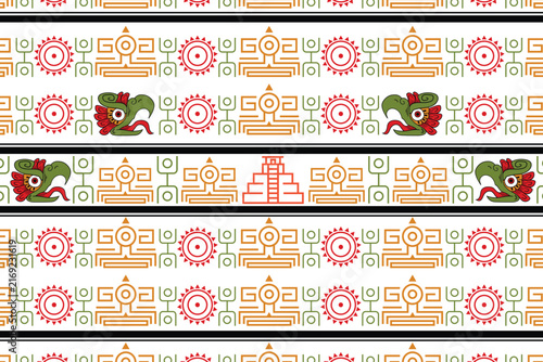 Illustration seamless geometric pattern featuring ethnic Aztec, Mayan, or tribal-inspired motifs in red, orange, and green on a white background.