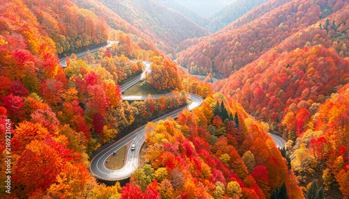 Plakat いろは坂、紅葉に染まる山岳ドライブウェイの絶景 生成AI