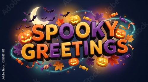 Colorful spooky greetings typography design featuring festive halloween pumpkins and magical elements for holiday celebration social media graphics