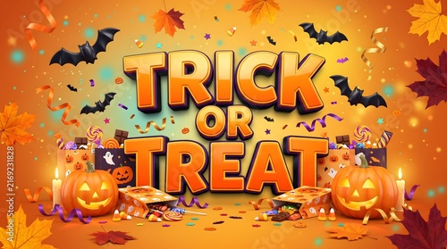 Festive trick or treat lettering design with glowing pumpkins and flying bats for a spooky halloween celebration background