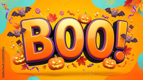 Festive halloween boo text design featuring cute pumpkins and flying bats on an orange background for holiday celebrations