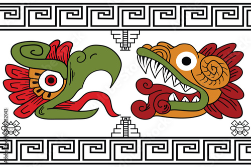 Illustration seamless geometric pattern featuring ethnic Aztec, Mayan, or tribal-inspired motifs in red, orange, and green on a white background.