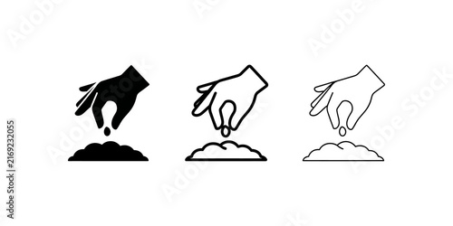 Cuadro en lienzo Gardener planting seed by hand icon set black white outline flat design