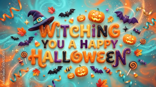 Colorful witching you a happy halloween greeting card featuring pumpkins bats and festive holiday decorations background