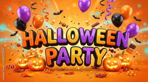 Festive halloween party celebration background with colorful balloons pumpkins and confetti for a spooky holiday event design