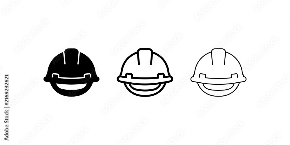 Fototapeta premium Safety helmet icon set with black and outline style for construction site.
