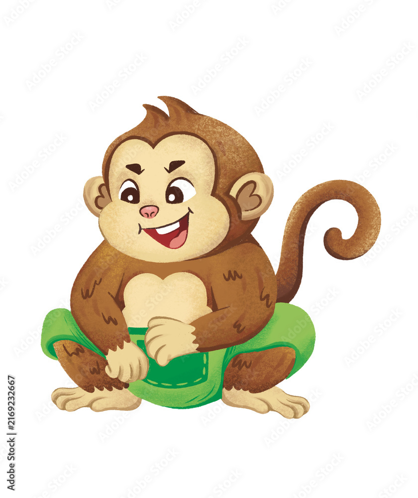 Obraz premium Brown monkey character sitting and smiling wearing green pants isolated on transparent background