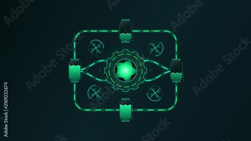 Futuristic green digital interface animation with rotating central gear and glowing containers