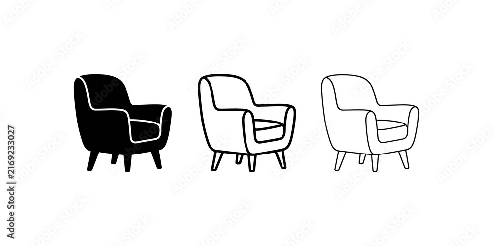 Fototapeta premium Modern retro armchair vector icons in flat outline and transparent options.