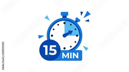Blue stopwatch icon displaying fifteen minutes duration with a clean flat design and bold vector style