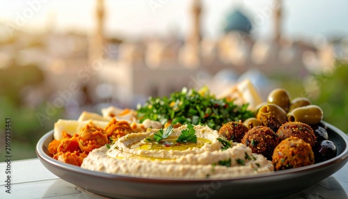 Delicious Middle Eastern Mezze Platter with Hummus and Falafel