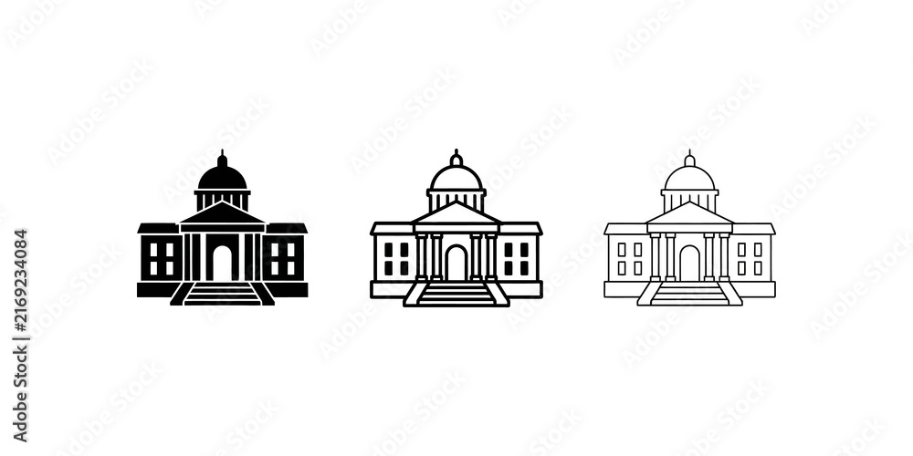 Obraz premium Modern government building icons with black linear and solid fill design.