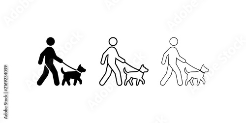 Фотография Dog walking service icon set depicting person with pet on leash vector