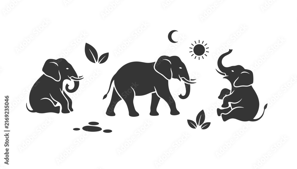Fototapeta premium Beautiful black silhouettes of three elephants in various poses under a whimsical sun, crescent moon, and floating leaves.