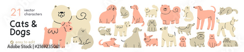 Cute abstract cats and dogs set in doodle style. Funny friendly pets characters, feline and canine breeds. Furry big and small puppies, kitties. Flat vector illustrations isolated on white background