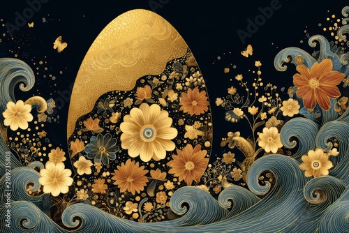 Golden ornate Easter egg with floral embellishments in swirling water during night with butterflies