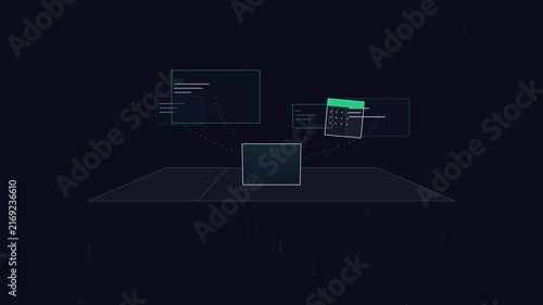 Futuristic digital interface with glowing network nodes and data charts on dark background