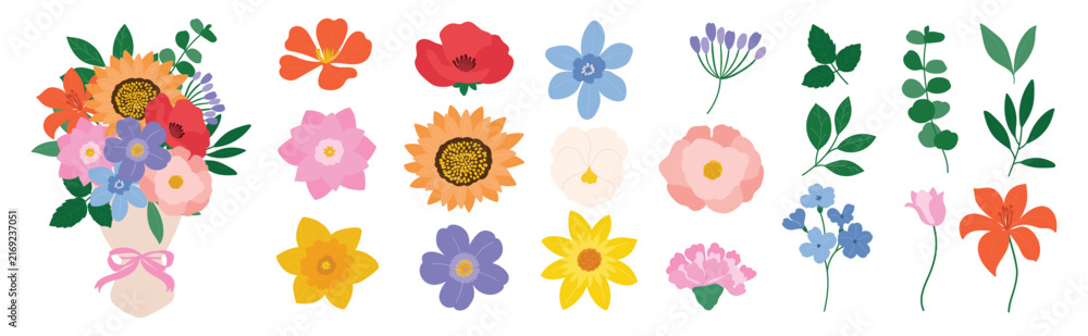 Fototapeta premium Flower vector set. Colorful floral design elements, Hand drawn spring flowers, green leaves, botanical branches and blooming bouquet collection for cards, invitations and decoration