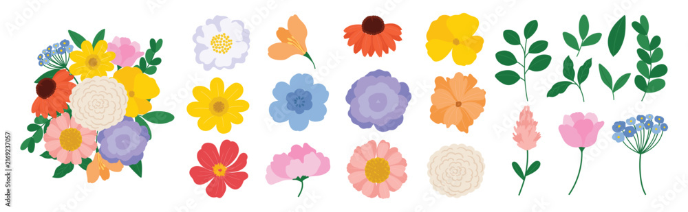 Fototapeta premium Flower vector set. Colorful floral design elements, Hand drawn spring flowers, green leaves, botanical branches and blooming bouquet collection for cards, invitations and decoration