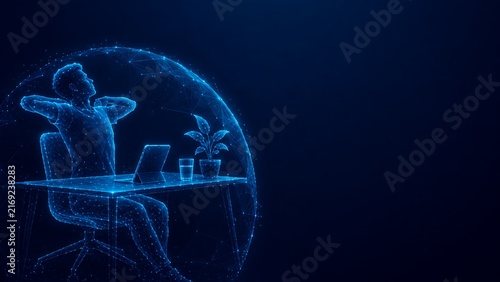 Abstract digital wireframe office worker relaxing at desk with laptop. healthy lifestyle wireframe futuristic hologram technology particle abstract employee. healthy lifestyle