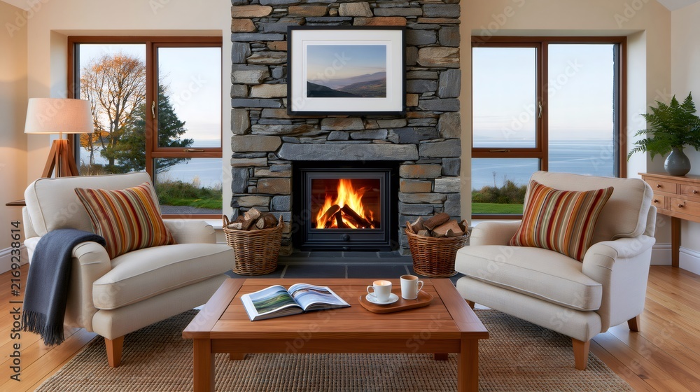 Naklejka premium Cozy living room with burning fireplace and ocean view