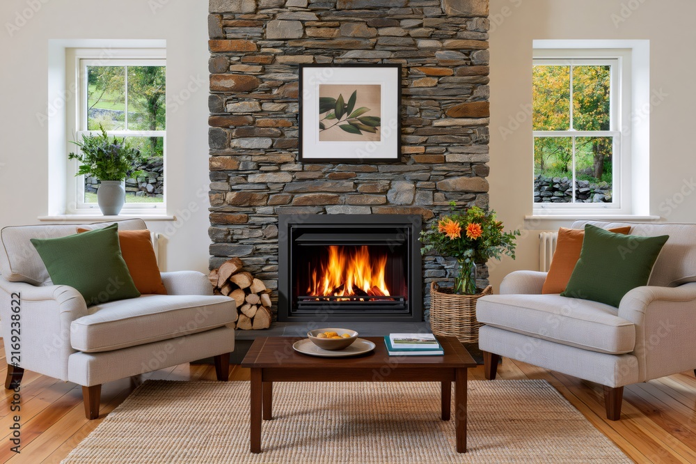Naklejka premium Cozy living room with burning stone fireplace and armchairs