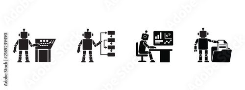 AI Robot Workplace Activity Icon Set Control Panel Flowchart Data Analysis File Management Vector Design