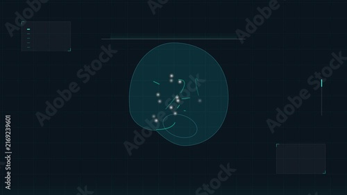 Futuristic medical scanner interface analyzing human brain scan data in dark room