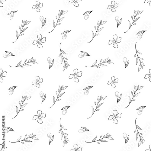 Minimalist hand drawn botanical seamless pattern with black floral line art and wildflower buds on white background