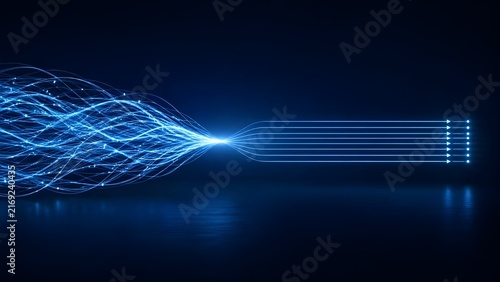 Obraz na płótnie Glowing blue digital network lines transitioning from chaos to order representing data processing and system simplification.