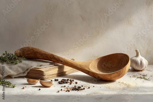 Rustic Kitchen Still Life with Wooden Spoon, Garlic, and Herbs in Warm Light
