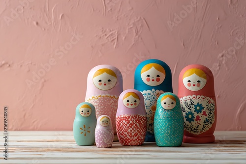A vibrant collection of Matryoshka dolls arranged on a wooden surface against a textured pink background.