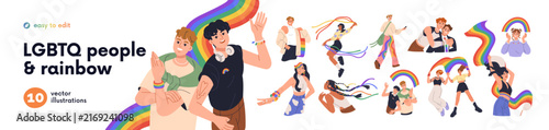 LGBTQ people with rainbow flags and symbols set. Happy gays and lesbians, hom...