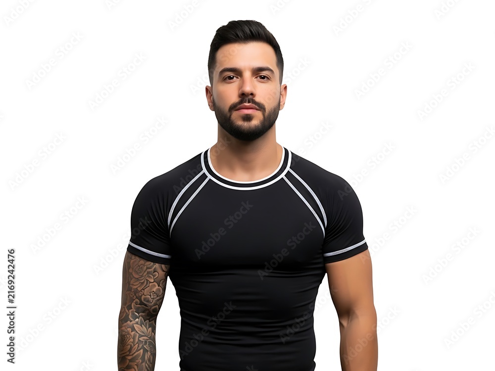 Obraz premium A handsome bearded man posing in a fitted black athletic performance shirt